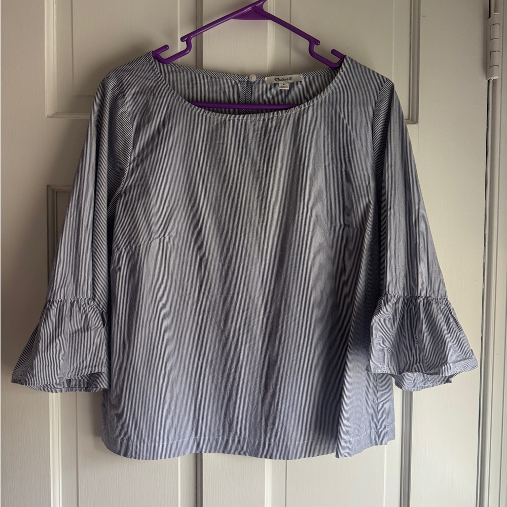 Madewell Blue & White Stripe Bell Sleeve Top Size M 100% Cotton